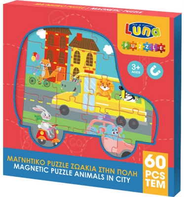 Магнитен пъзел 60 ел. Животните в града 18x18x2 см с 3 пъзела по 20 ел.